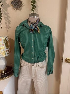 Ann Taylor Green Vertical-Stripe Button-Down Shirt
